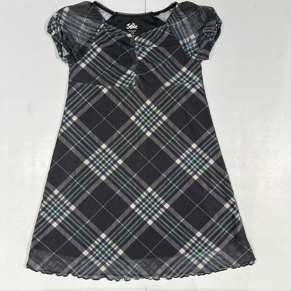 Justice Girls Old Money Tartan Heritage Plaid Mesh Overlay Dress XS 5 6 Boho